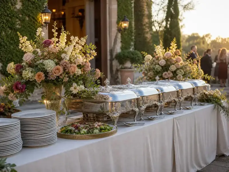Sculptural centerpieces, china, and warm evening light along a wedding tablescape catered near Colma and Brisbane