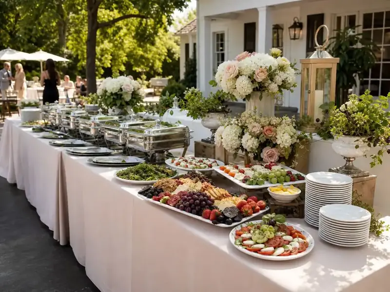 Full-service reception buffet with polished chafers, china, and garden florals during a staffed dinner catered in San Francisco